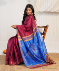 Wine and Royal Blue Dupion Silk Saree with Woven Butis – Bhagalpuri