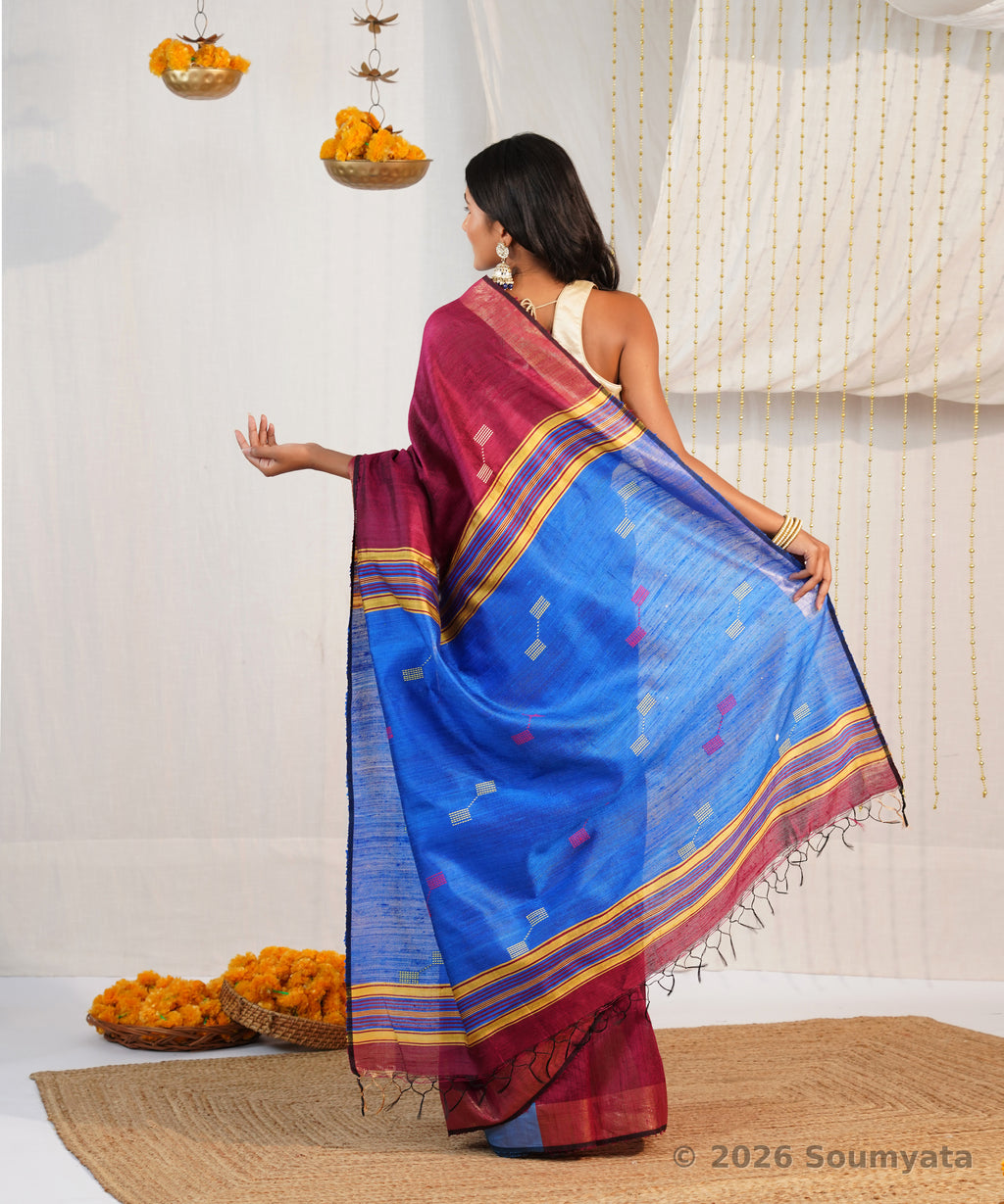 Wine and Royal Blue Dupion Silk Saree with Woven Butis – Bhagalpuri