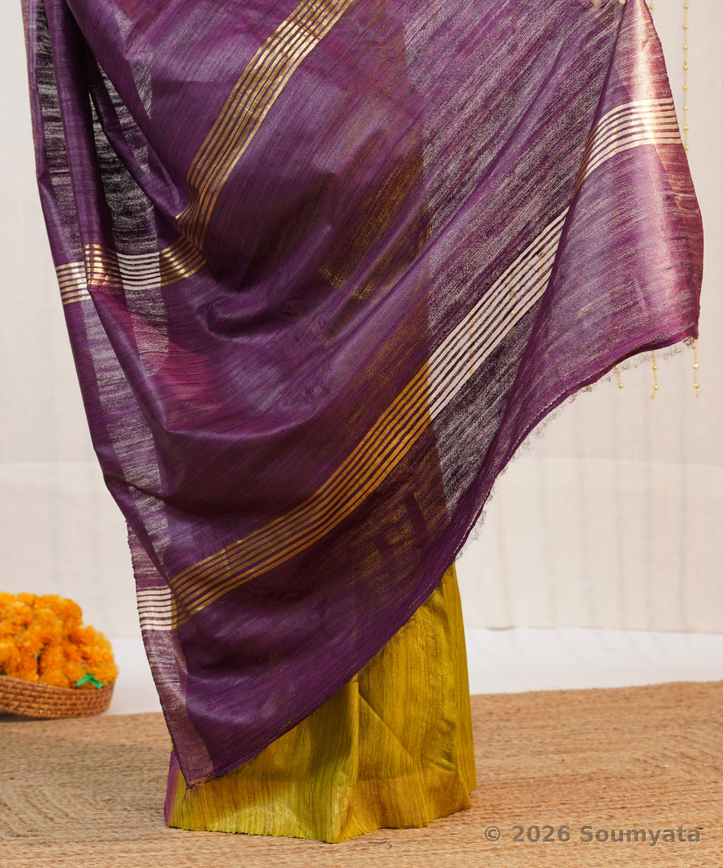 Mehendi Green Tussar Ghicha Silk Saree with Purple Zari Pallu – Bhagalpuri