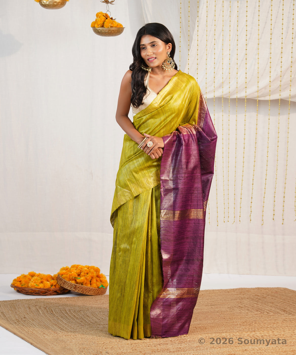 Mehendi Green Tussar Ghicha Silk Saree with Purple Zari Pallu – Bhagalpuri