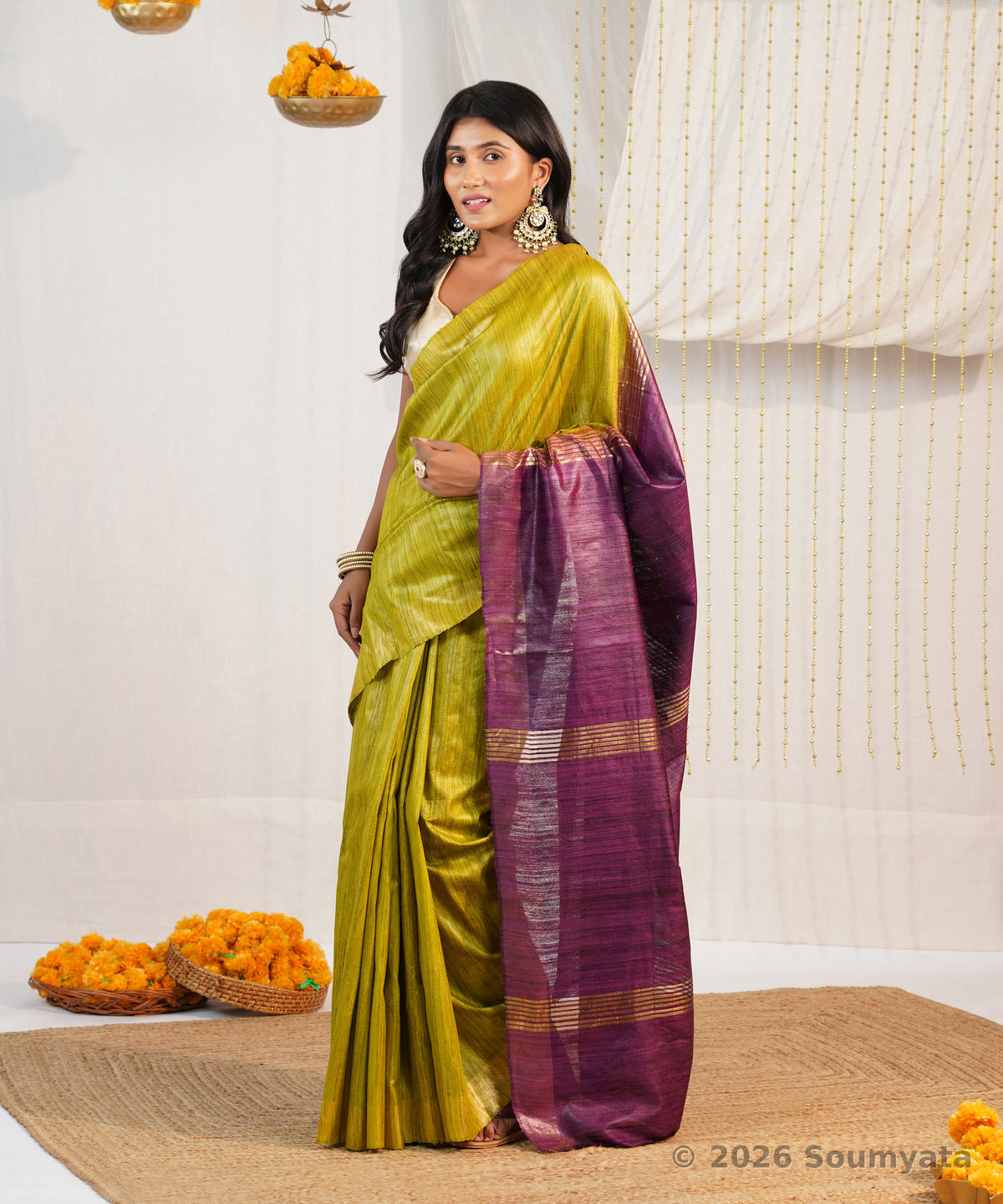 Mehendi Green Tussar Ghicha Silk Saree with Purple Zari Pallu – Bhagalpuri