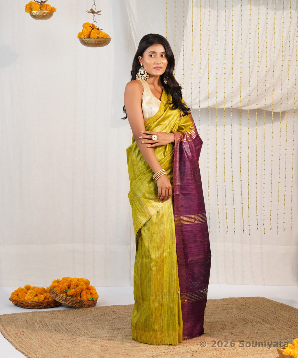 Mehendi Green Tussar Ghicha Silk Saree with Purple Zari Pallu – Bhagalpuri