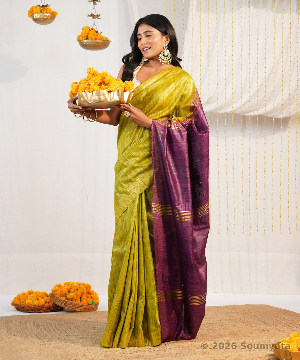 Mehendi Green Tussar Ghicha Silk Saree with Purple Zari Pallu – Bhagalpuri