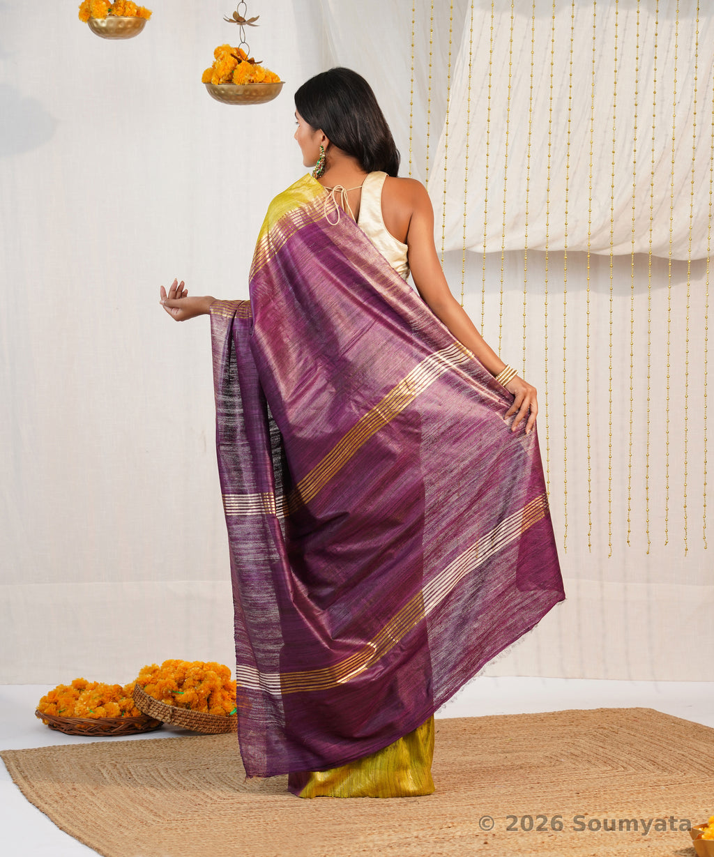 Mehendi Green Tussar Ghicha Silk Saree with Purple Zari Pallu – Bhagalpuri