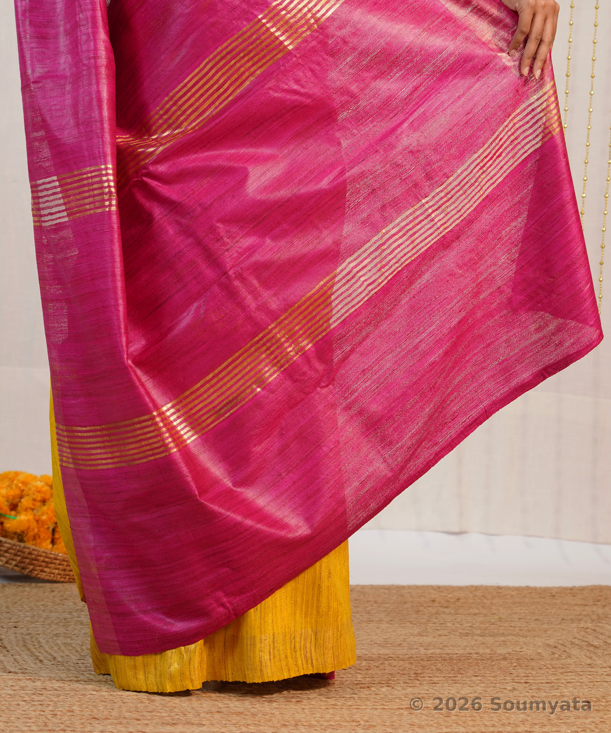 Marigold Yellow Tussar Ghicha Silk Saree with Pink Zari Pallu – Bhagalpuri