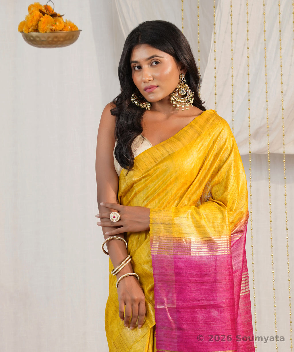 Marigold Yellow Tussar Ghicha Silk Saree with Pink Zari Pallu – Bhagalpuri