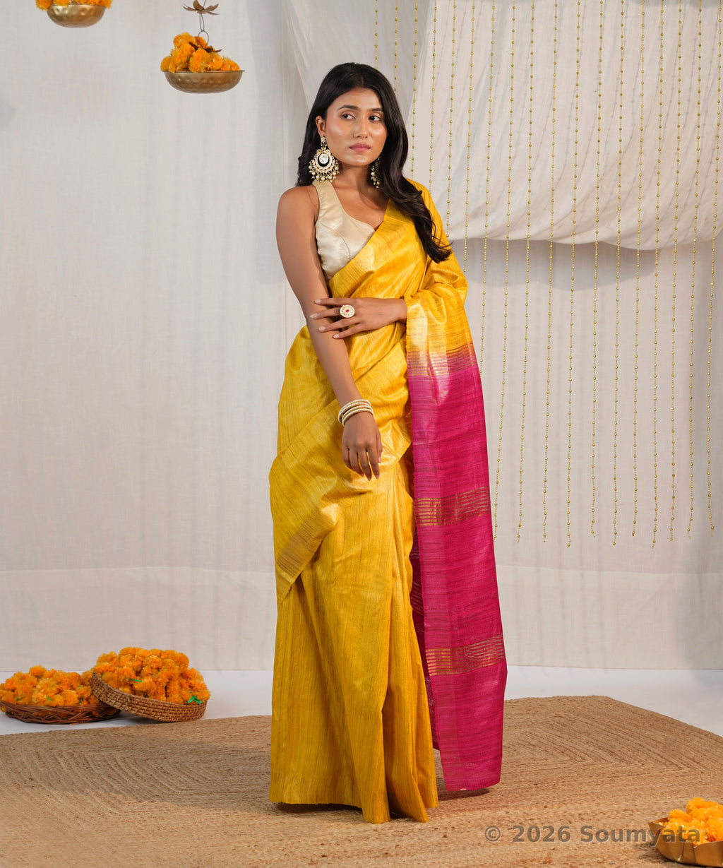 Marigold Yellow Tussar Ghicha Silk Saree with Pink Zari Pallu – Bhagalpuri
