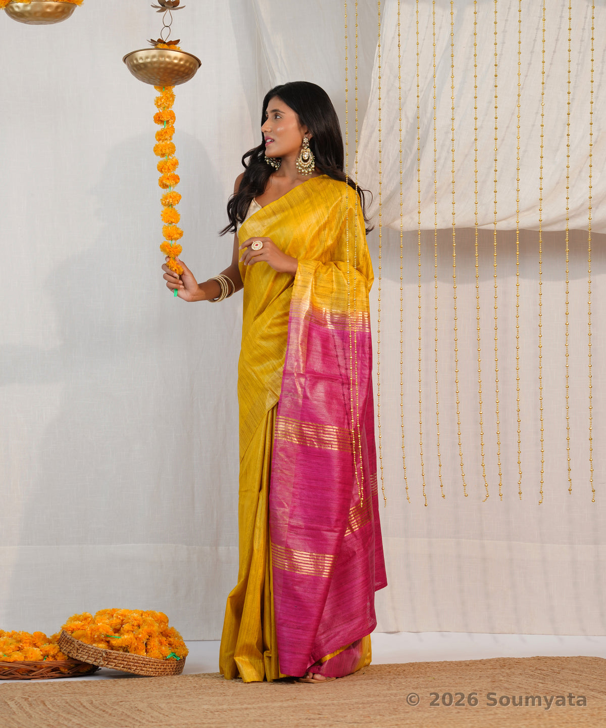Marigold Yellow Tussar Ghicha Silk Saree with Pink Zari Pallu – Bhagalpuri