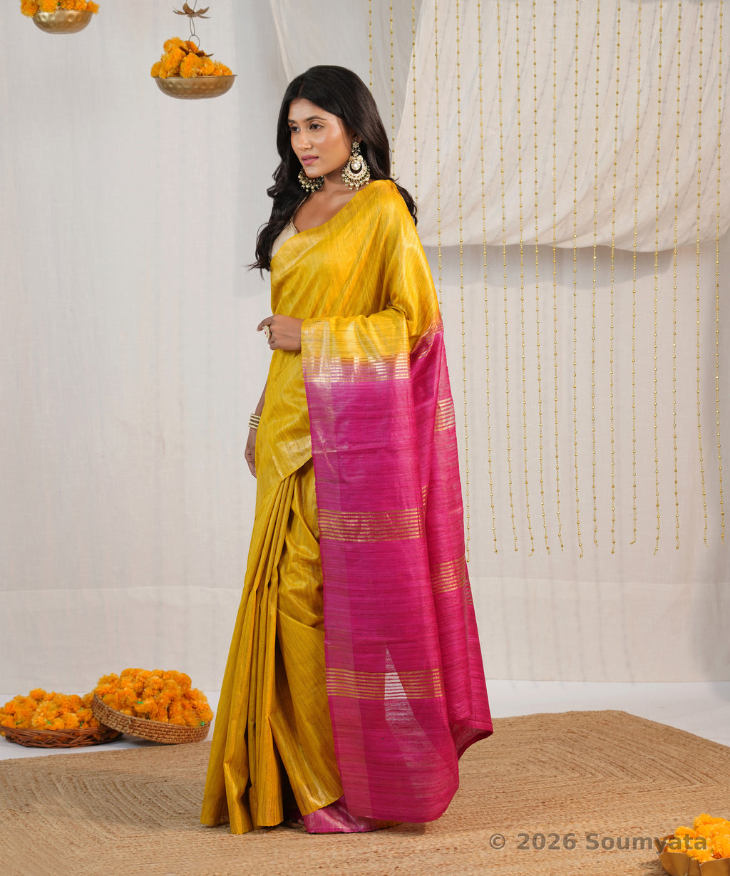 Marigold Yellow Tussar Ghicha Silk Saree with Pink Zari Pallu – Bhagalpuri