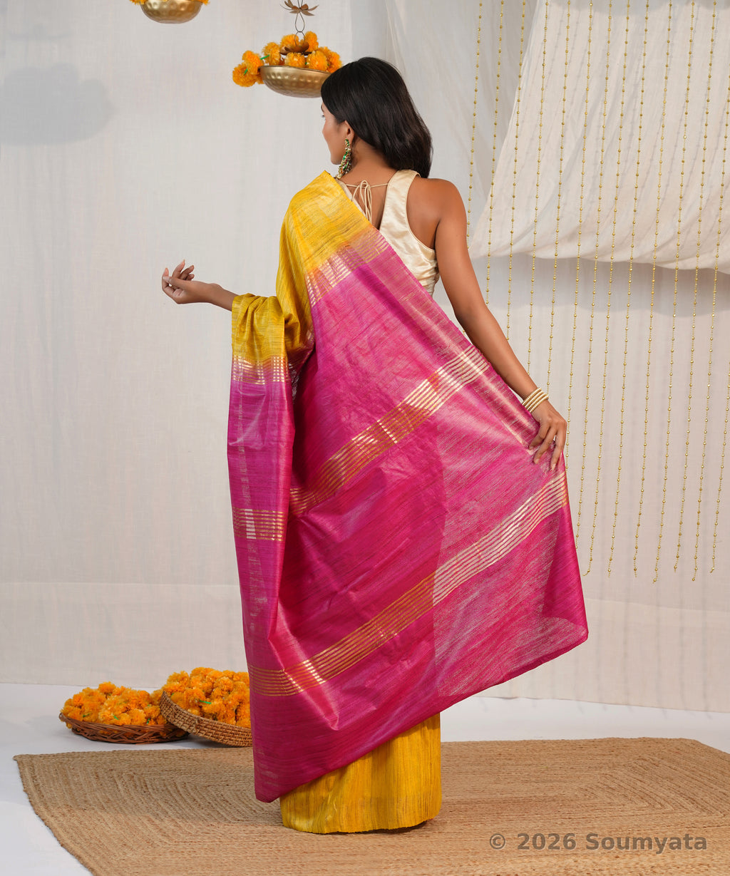 Marigold Yellow Tussar Ghicha Silk Saree with Pink Zari Pallu – Bhagalpuri