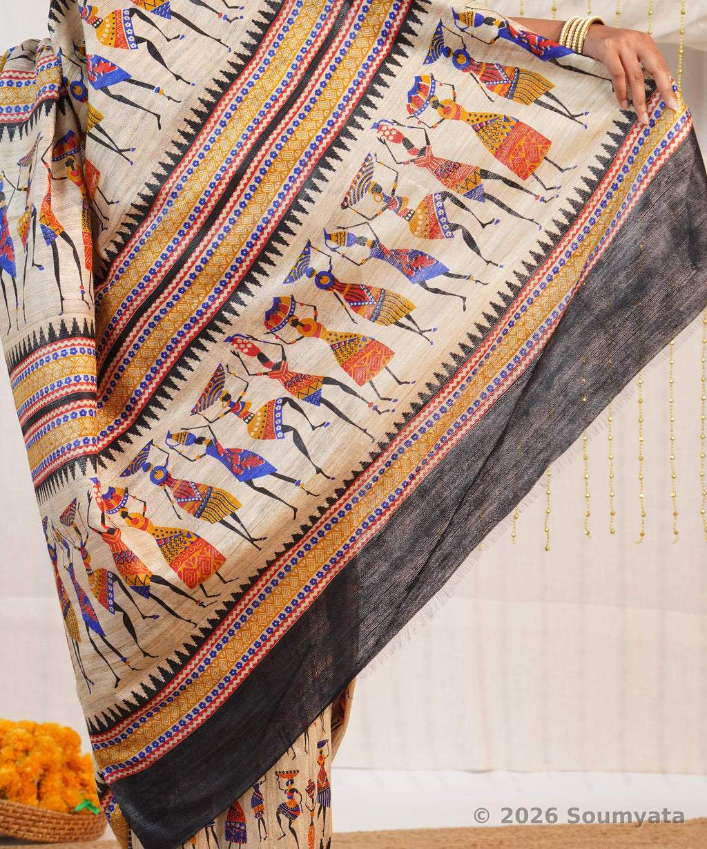 Beige Tribal Art Print Tussar Silk Saree with Black Border – Bhagalpuri