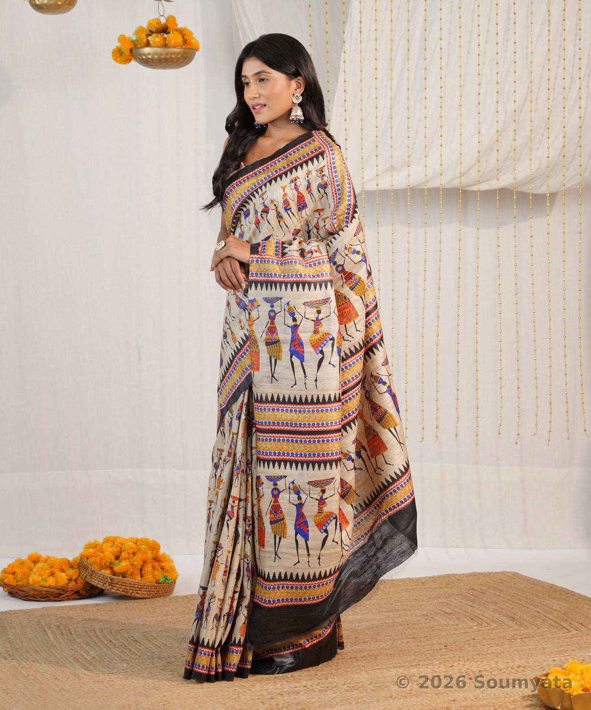 Beige Tribal Art Print Tussar Silk Saree with Black Border – Bhagalpuri