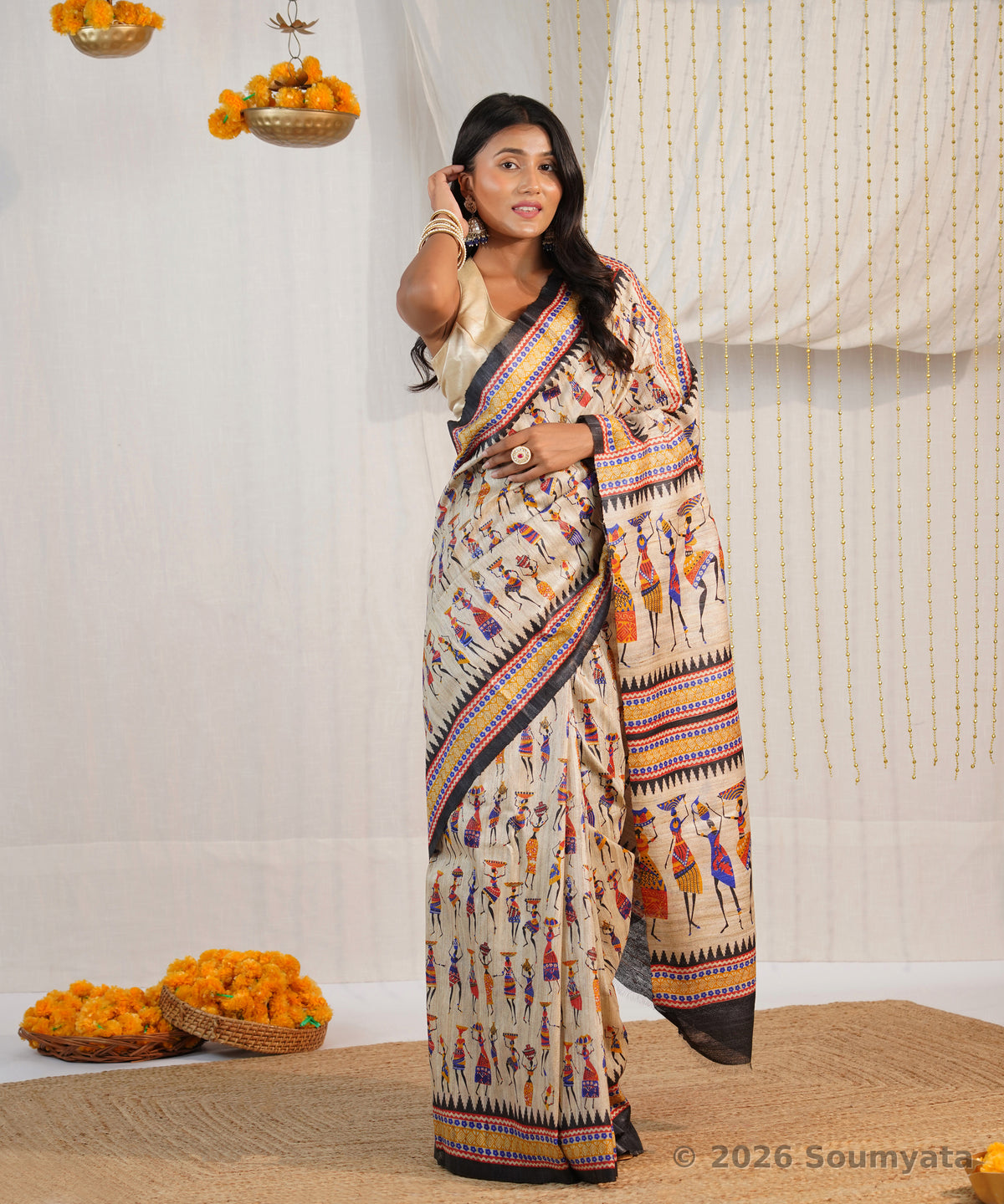 Beige Tribal Art Print Tussar Silk Saree with Black Border – Bhagalpuri
