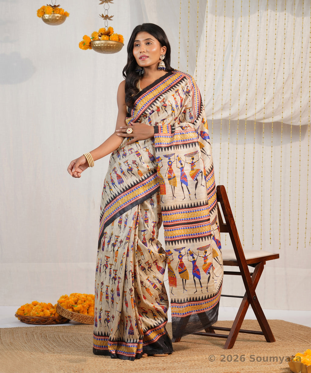 Beige Tribal Art Print Tussar Silk Saree with Black Border – Bhagalpuri