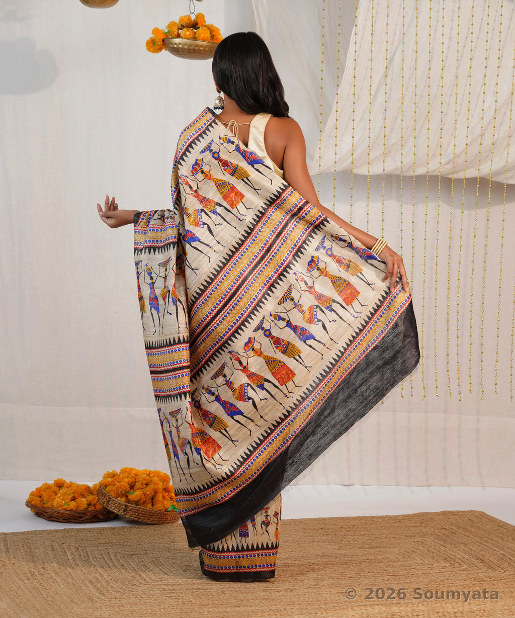 Beige Tribal Art Print Tussar Silk Saree with Black Border – Bhagalpuri