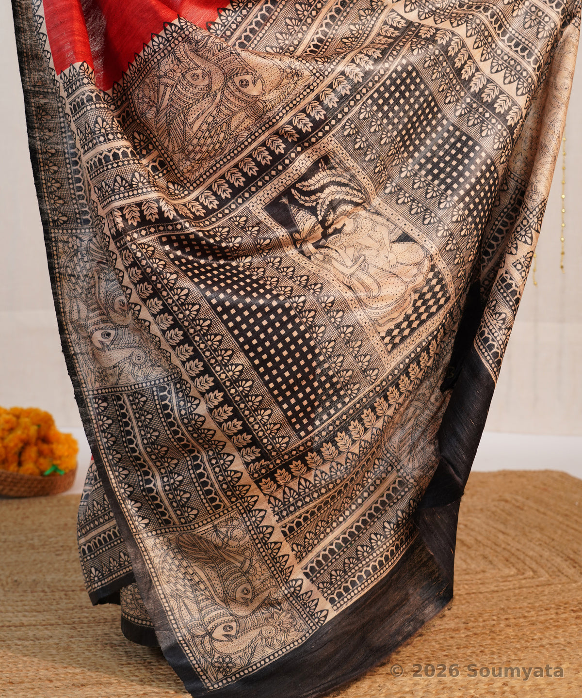 Red Madhubani Print Tussar Ghicha Silk Saree – Bhagalpuri Handloom