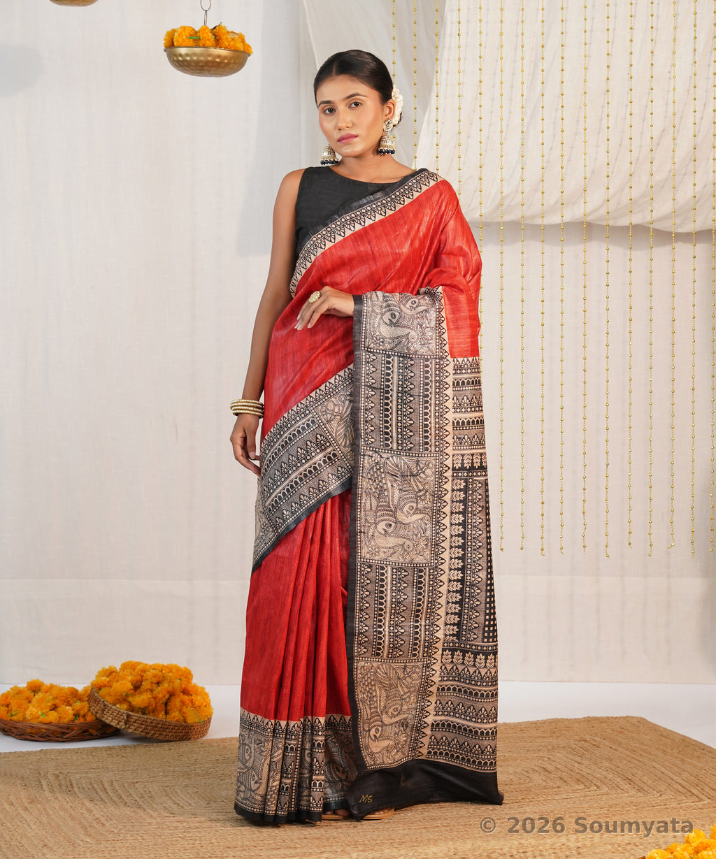 Red Madhubani Print Tussar Ghicha Silk Saree – Bhagalpuri Handloom