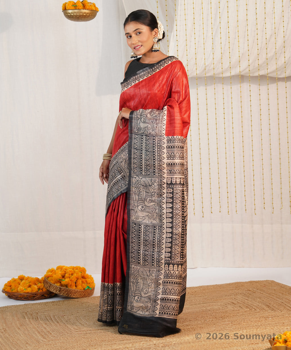 Red Madhubani Print Tussar Ghicha Silk Saree – Bhagalpuri Handloom