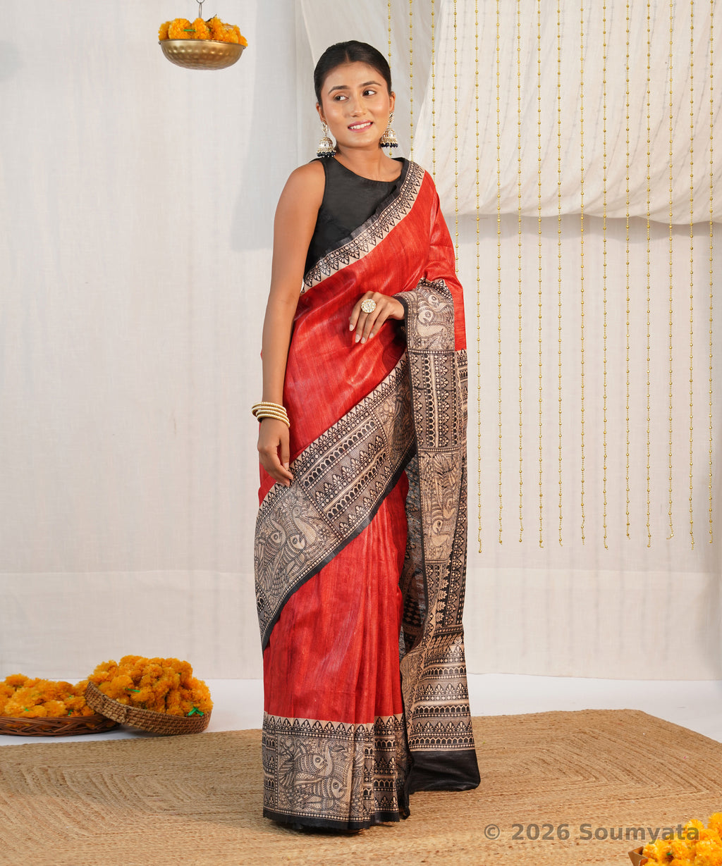 Red Madhubani Print Tussar Ghicha Silk Saree – Bhagalpuri Handloom