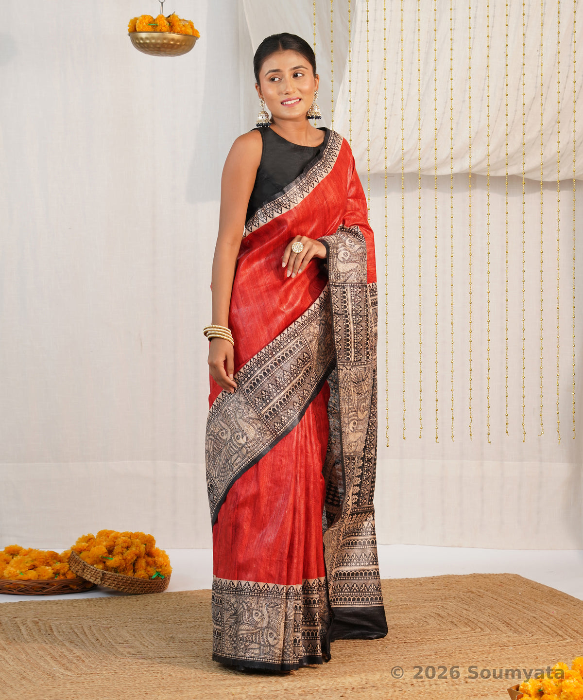Red Madhubani Print Tussar Ghicha Silk Saree – Bhagalpuri Handloom