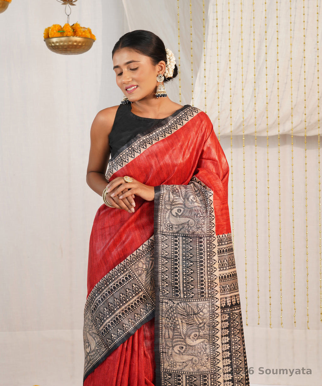 Red Madhubani Print Tussar Ghicha Silk Saree – Bhagalpuri Handloom