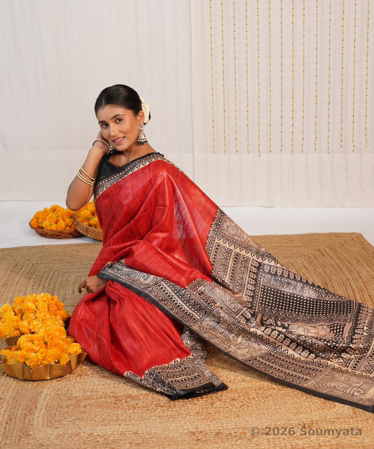 Red Madhubani Print Tussar Ghicha Silk Saree – Bhagalpuri Handloom