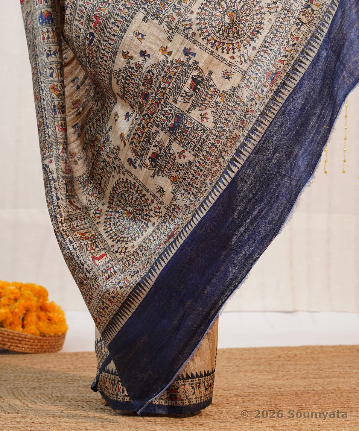 Natural Beige Warli Print Tussar Silk Saree with Navy Border – Bhagalpuri