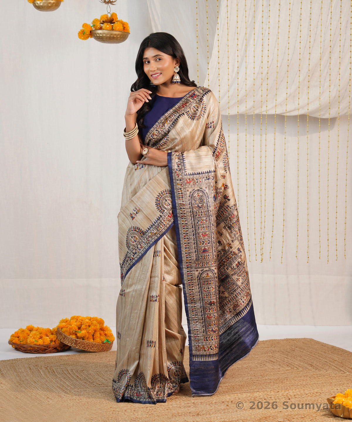 Natural Beige Warli Print Tussar Silk Saree with Navy Border – Bhagalpuri