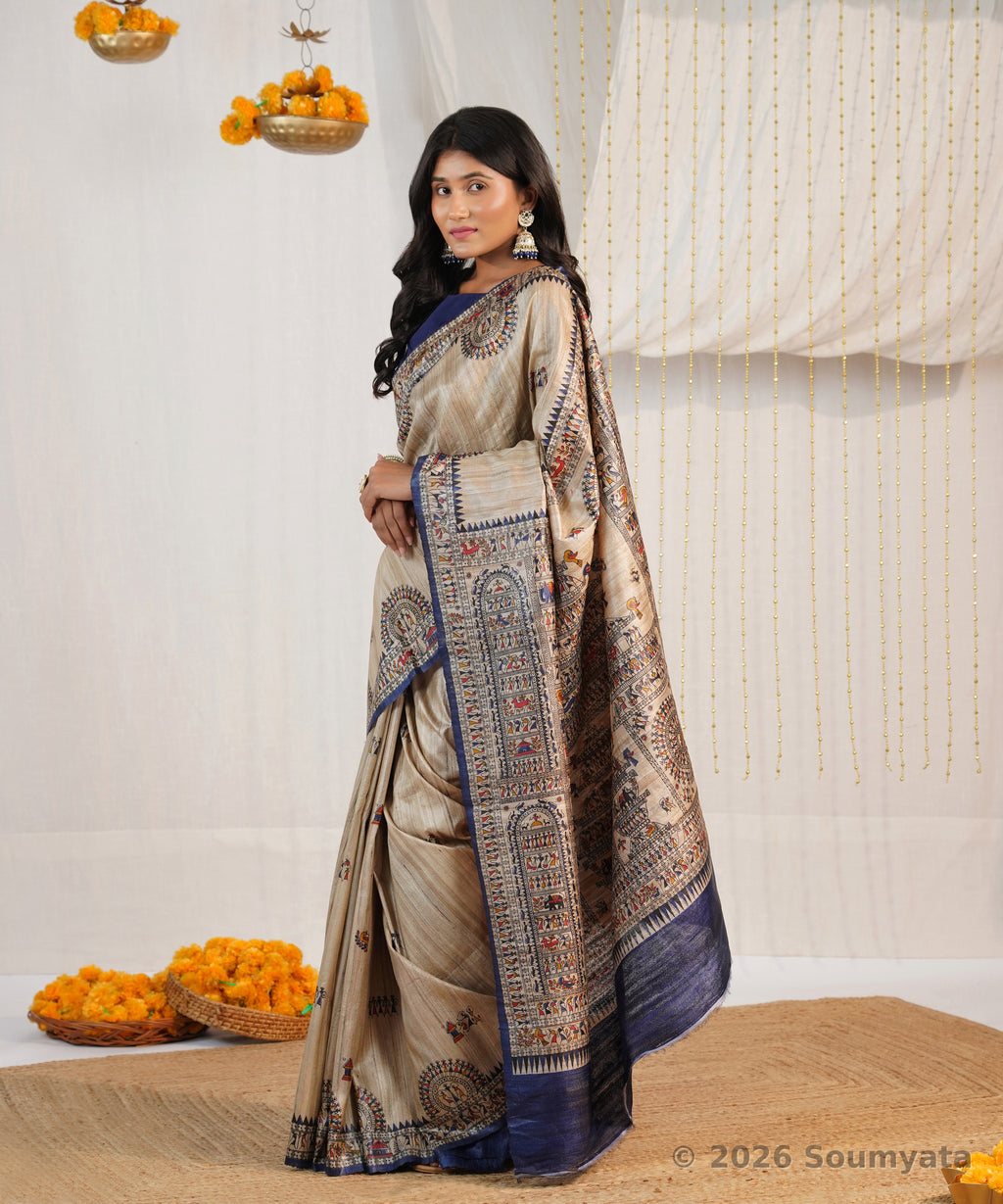 Natural Beige Warli Print Tussar Silk Saree with Navy Border – Bhagalpuri