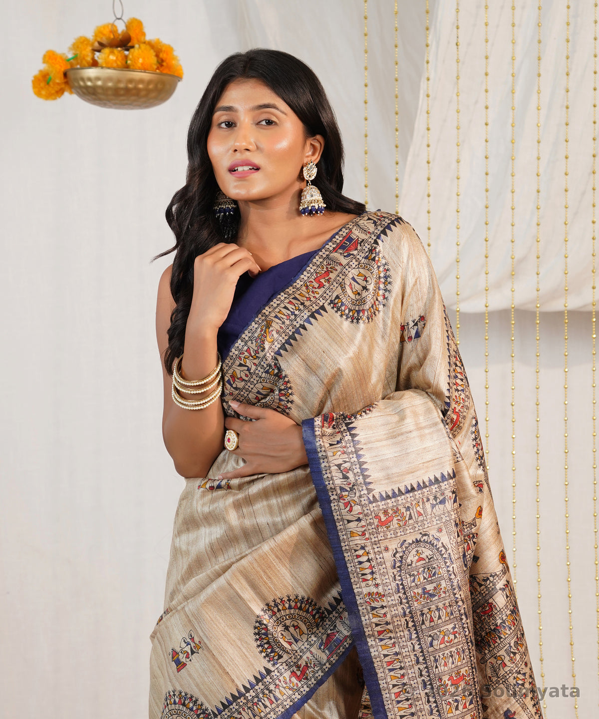 Natural Beige Warli Print Tussar Silk Saree with Navy Border – Bhagalpuri