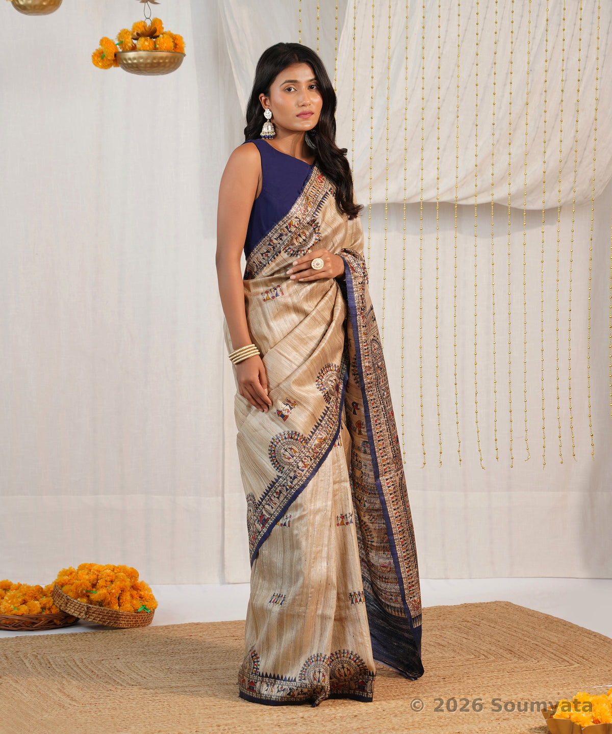 Natural Beige Warli Print Tussar Silk Saree with Navy Border – Bhagalpuri