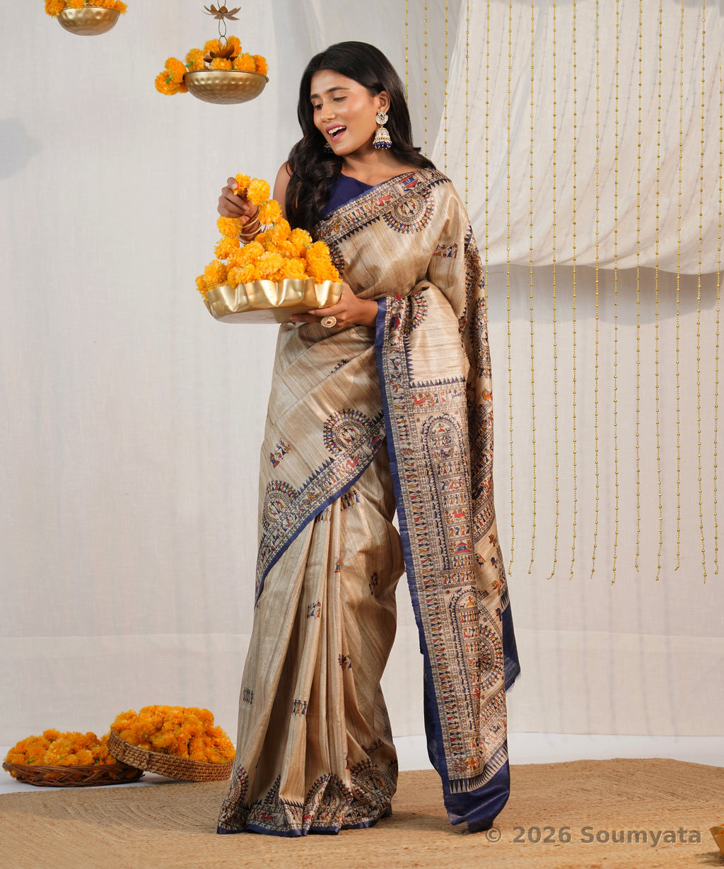 Natural Beige Warli Print Tussar Silk Saree with Navy Border – Bhagalpuri