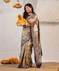 Natural Beige Warli Print Tussar Silk Saree with Navy Border – Bhagalpuri