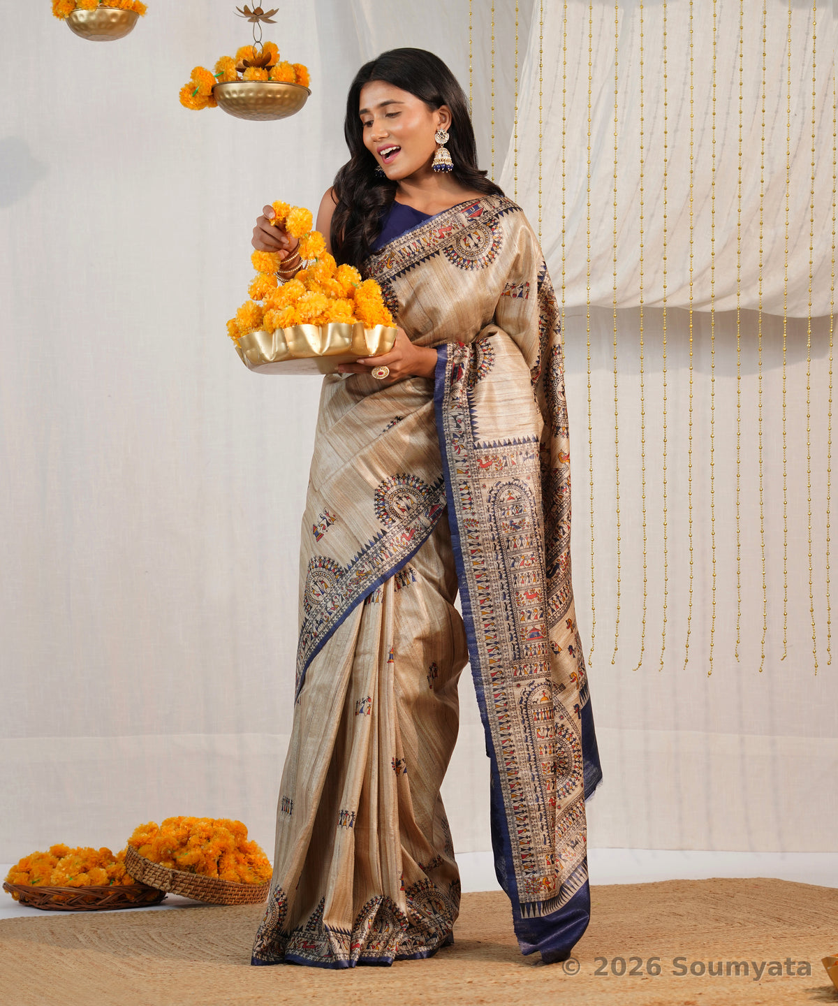 Natural Beige Warli Print Tussar Silk Saree with Navy Border – Bhagalpuri