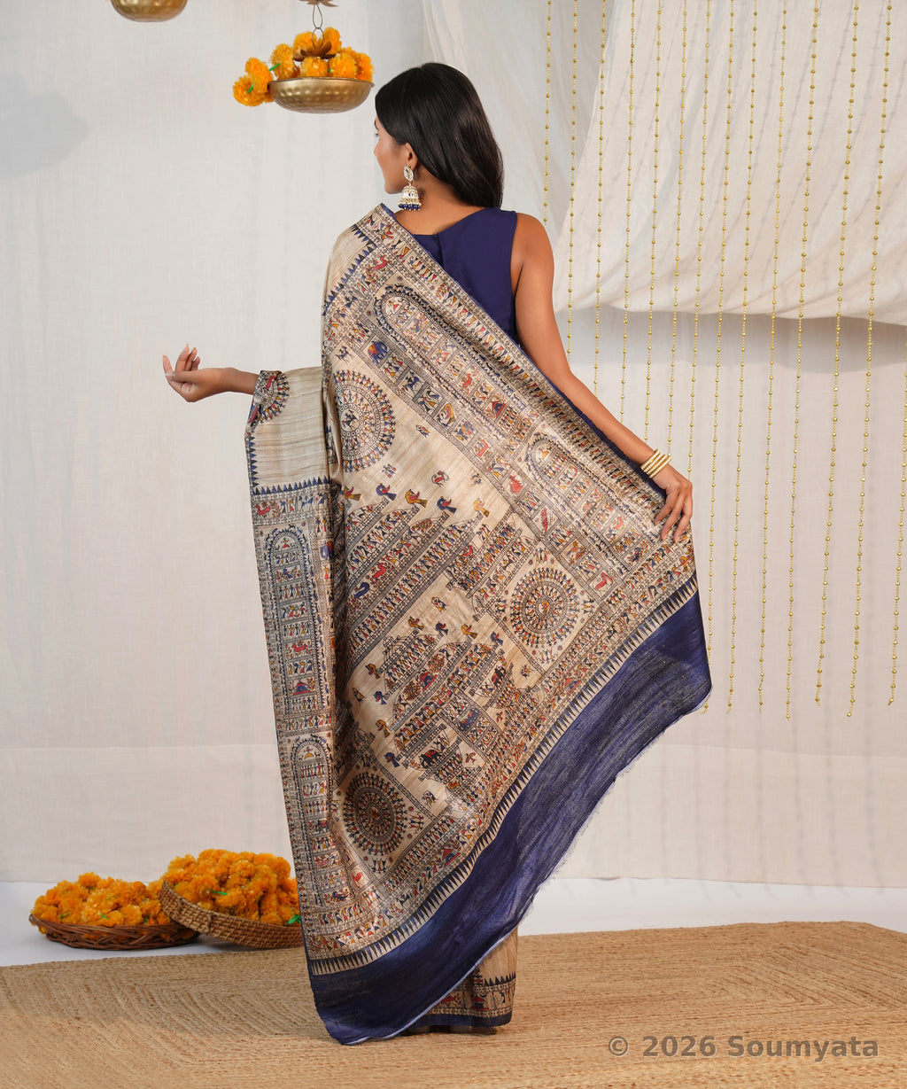 Natural Beige Warli Print Tussar Silk Saree with Navy Border – Bhagalpuri