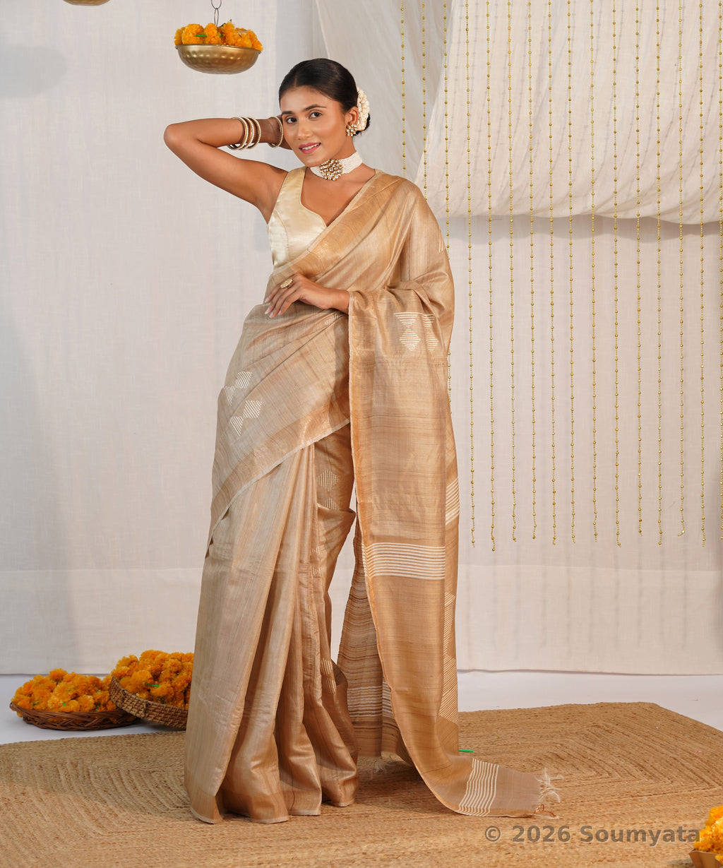 Natural Beige Pure Tussar Silk Saree with Dobby Weave – Bhagalpuri Handloom