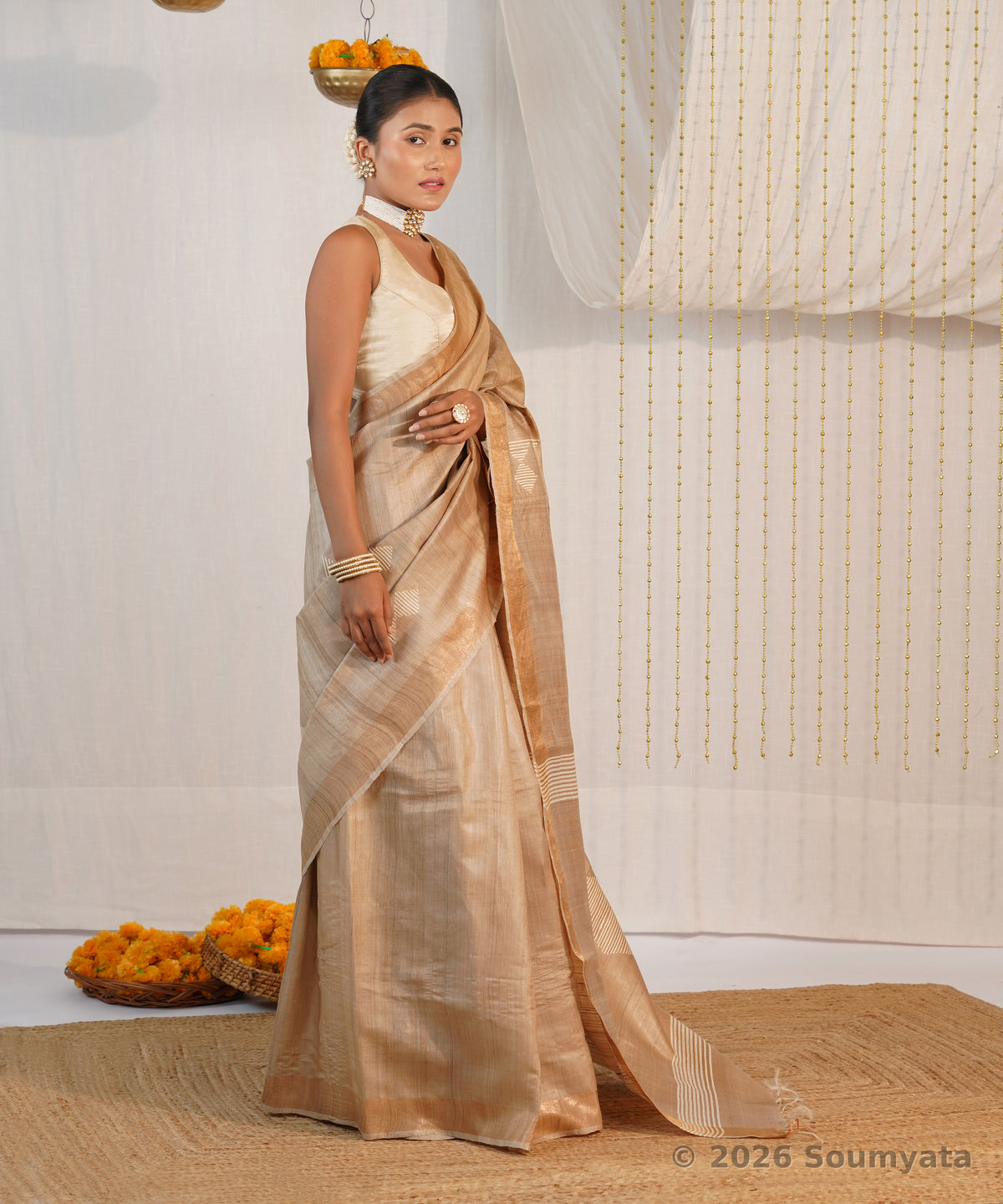 Natural Beige Pure Tussar Silk Saree with Dobby Weave – Bhagalpuri Handloom