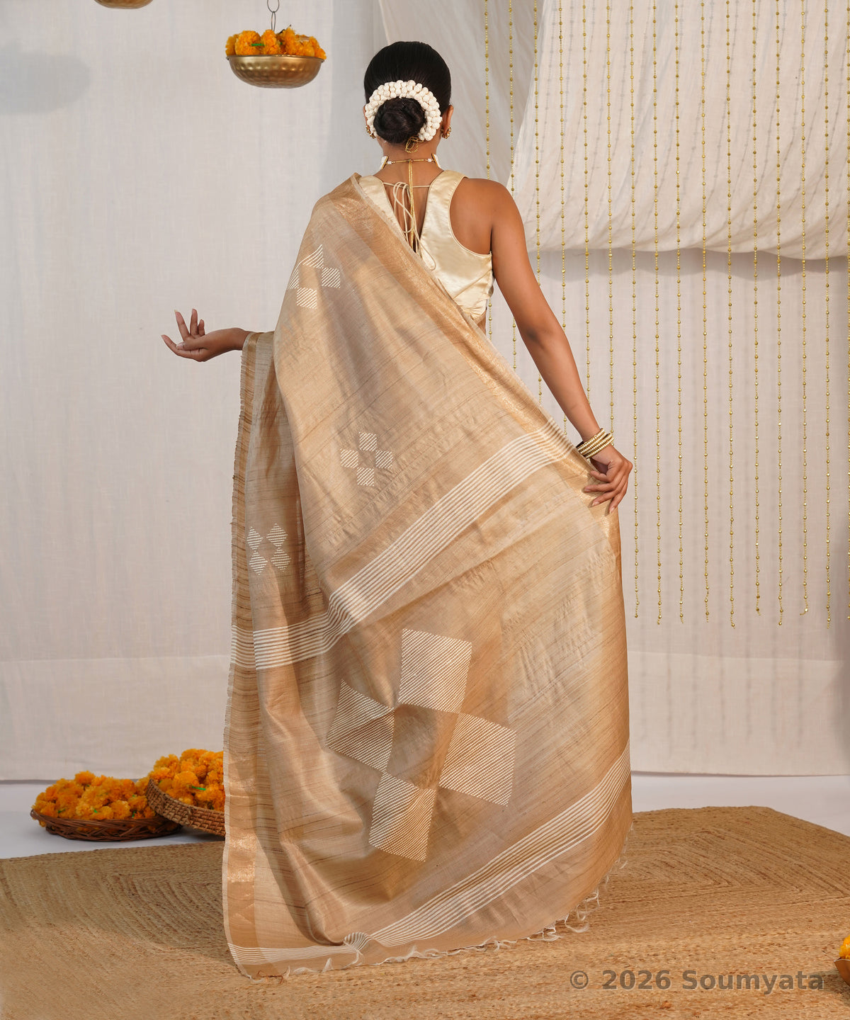 Natural Beige Pure Tussar Silk Saree with Dobby Weave – Bhagalpuri Handloom