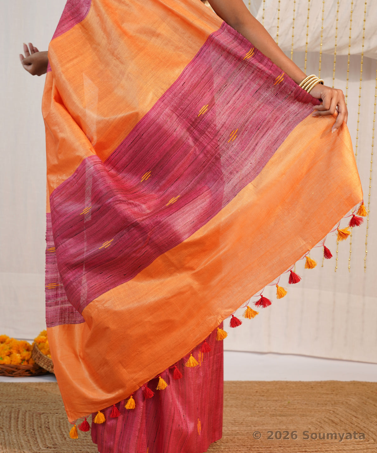 Magenta Pink Tussar Ghicha Silk Saree with Orange Pallu – Bhagalpuri Handloom