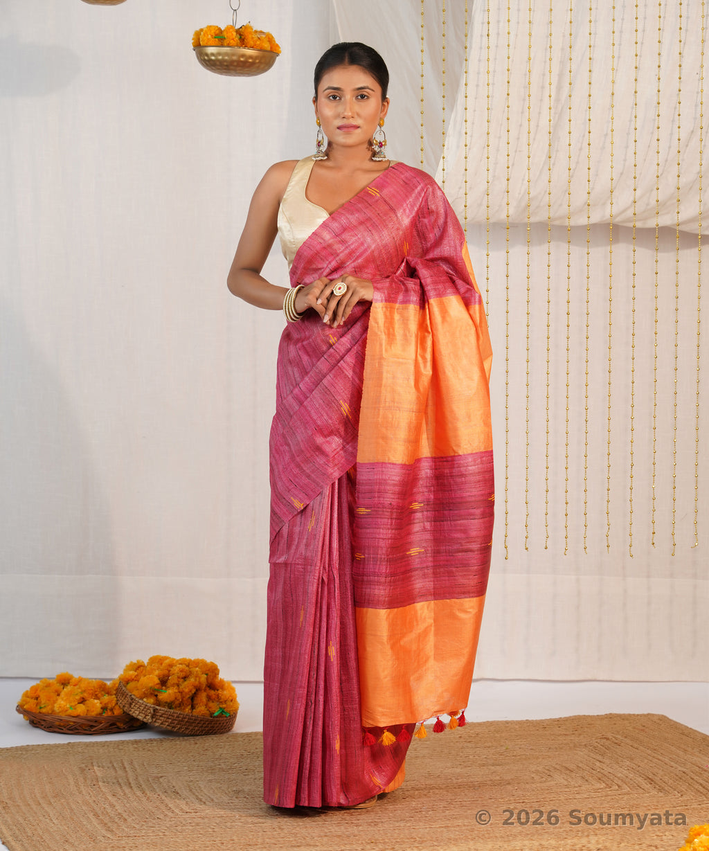 Magenta Pink Tussar Ghicha Silk Saree with Orange Pallu – Bhagalpuri Handloom
