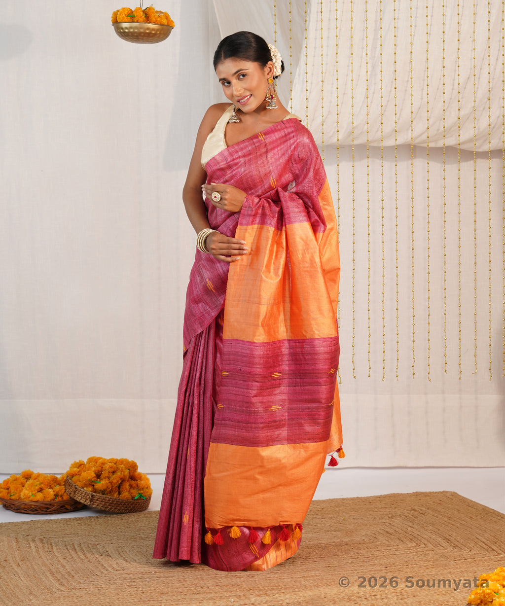 Magenta Pink Tussar Ghicha Silk Saree with Orange Pallu – Bhagalpuri Handloom