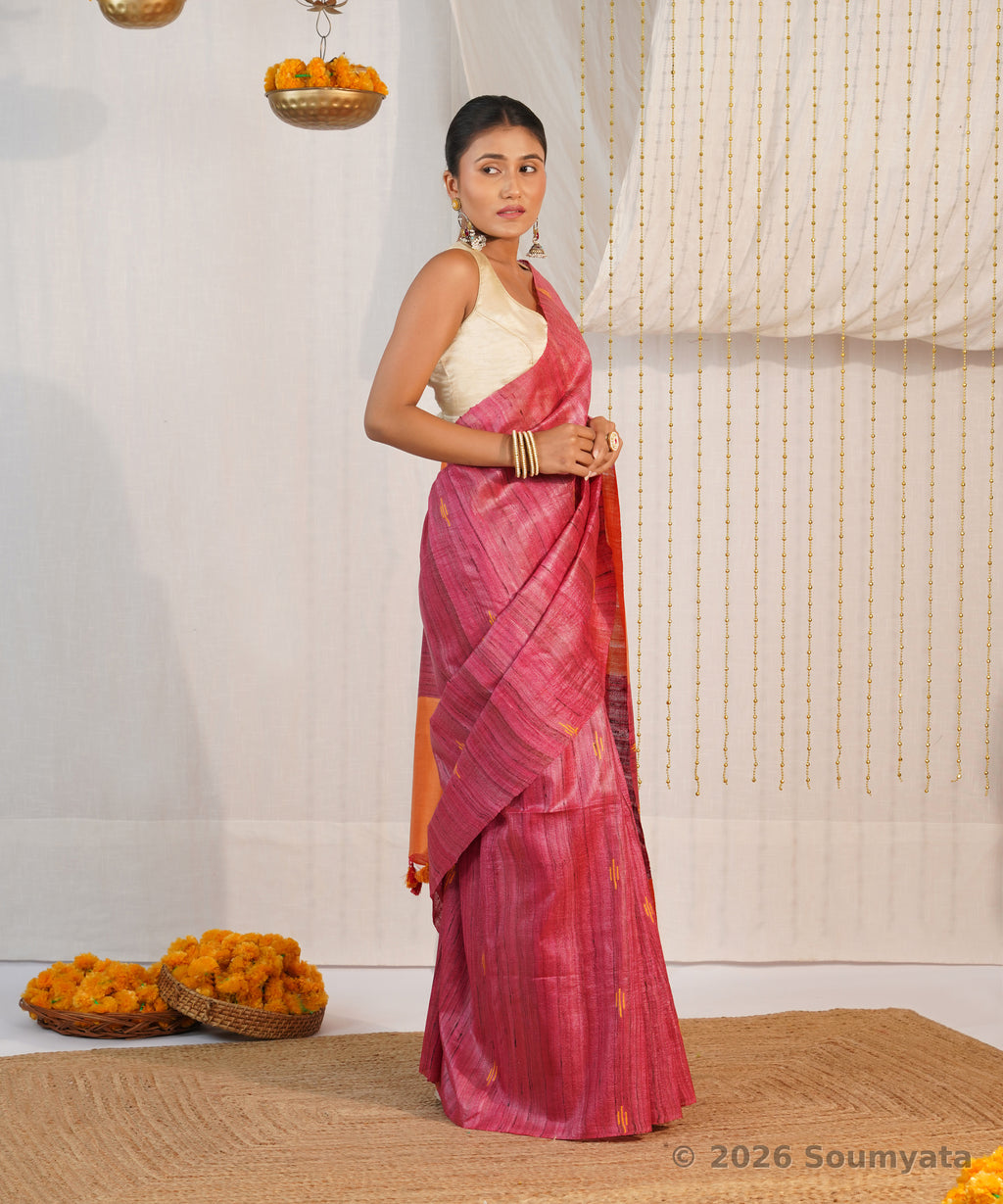 Magenta Pink Tussar Ghicha Silk Saree with Orange Pallu – Bhagalpuri Handloom