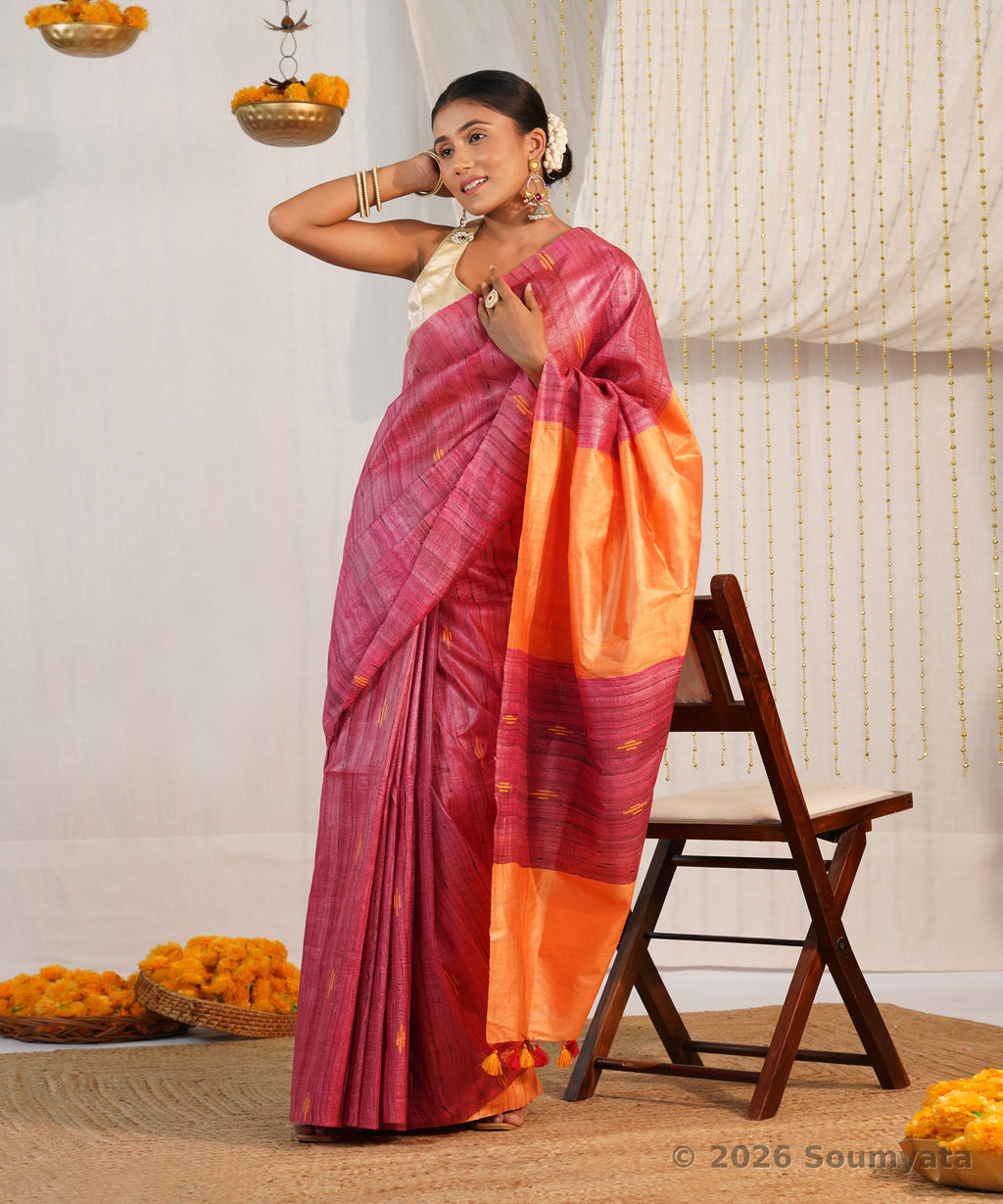 Magenta Pink Tussar Ghicha Silk Saree with Orange Pallu – Bhagalpuri Handloom