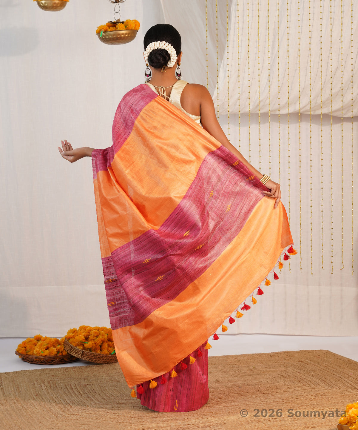 Magenta Pink Tussar Ghicha Silk Saree with Orange Pallu – Bhagalpuri Handloom