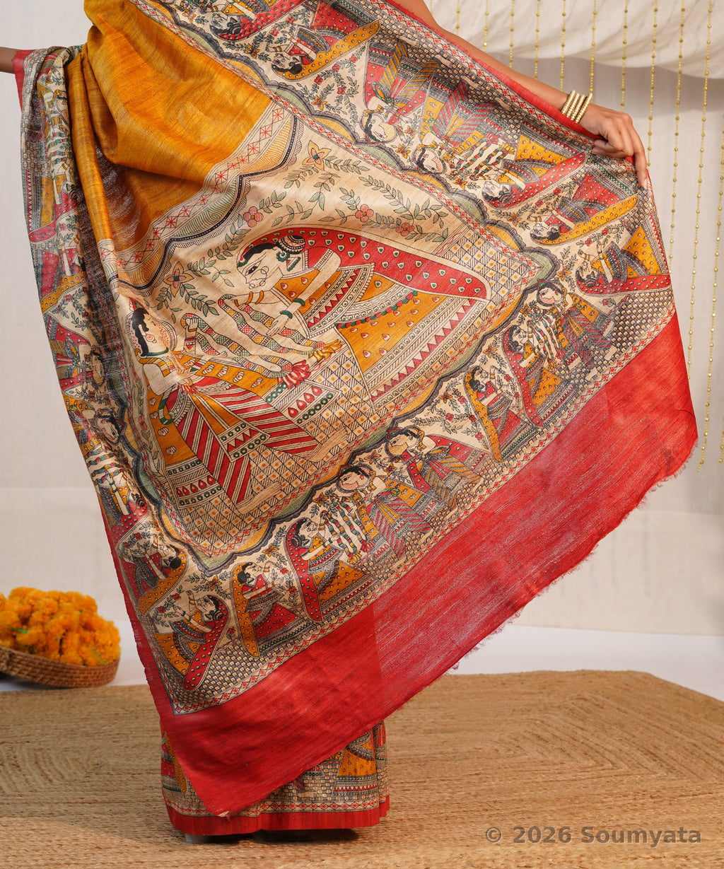Mustard Yellow Madhubani Print Tussar Ghicha Silk Saree – Bhagalpuri Handloom