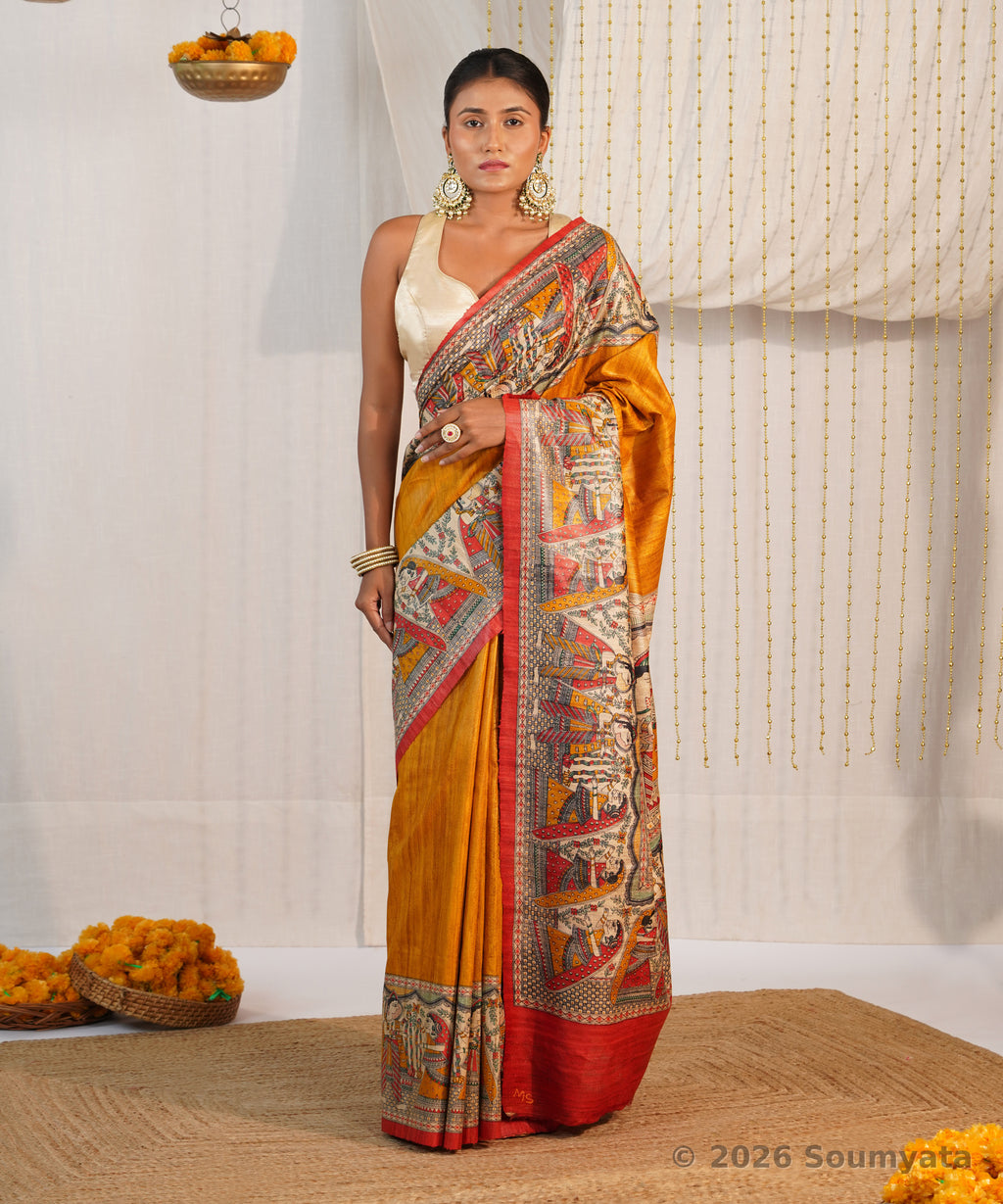 Mustard Yellow Madhubani Print Tussar Ghicha Silk Saree – Bhagalpuri Handloom