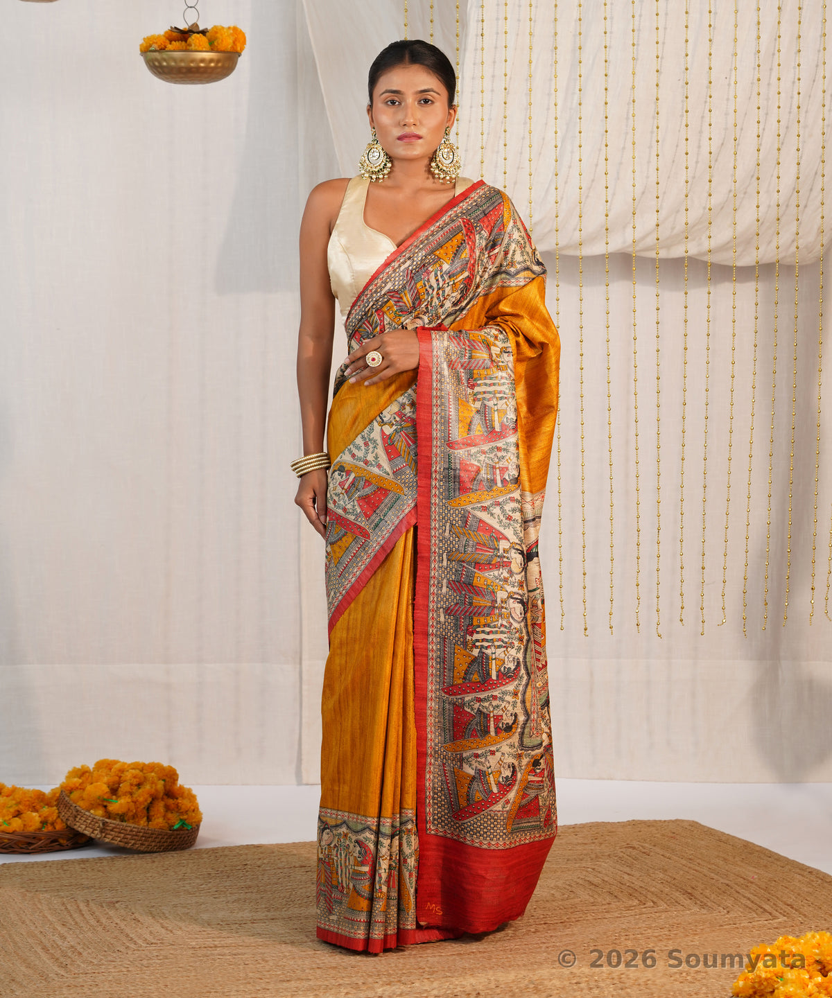 Mustard Yellow Madhubani Print Tussar Ghicha Silk Saree – Bhagalpuri Handloom