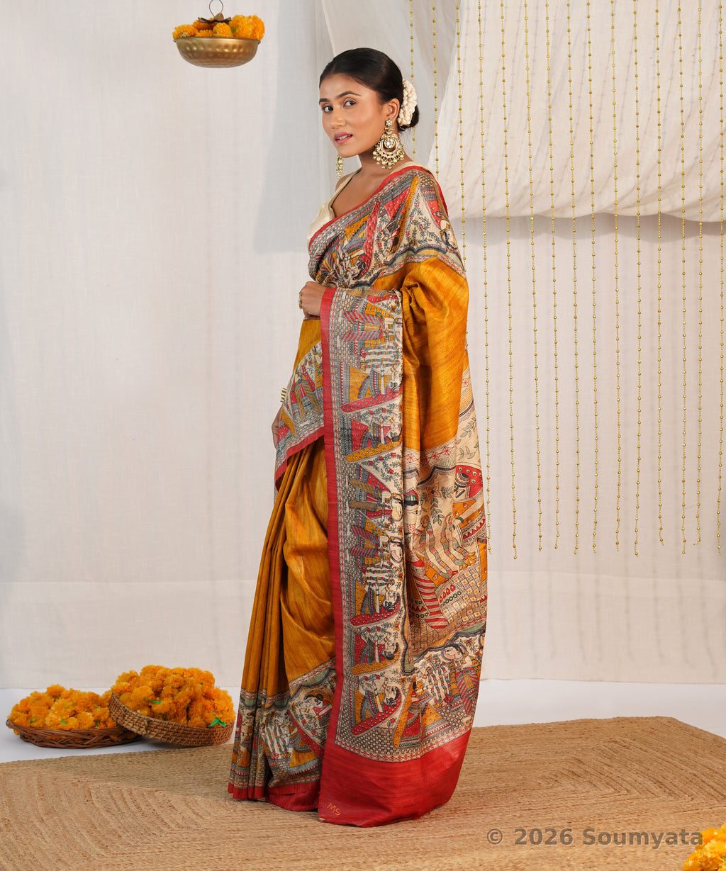 Mustard Yellow Madhubani Print Tussar Ghicha Silk Saree – Bhagalpuri Handloom