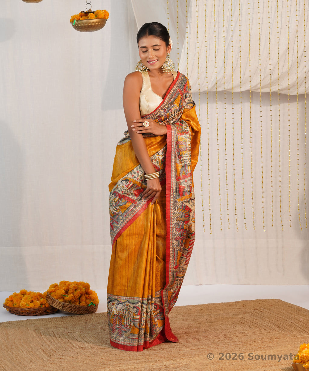 Mustard Yellow Madhubani Print Tussar Ghicha Silk Saree – Bhagalpuri Handloom
