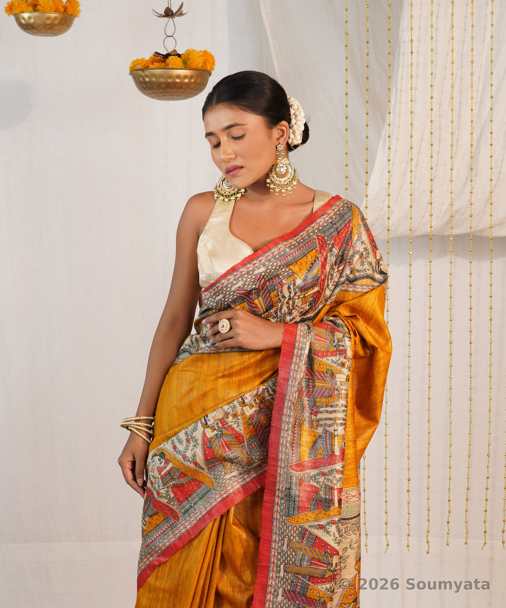 Mustard Yellow Madhubani Print Tussar Ghicha Silk Saree – Bhagalpuri Handloom